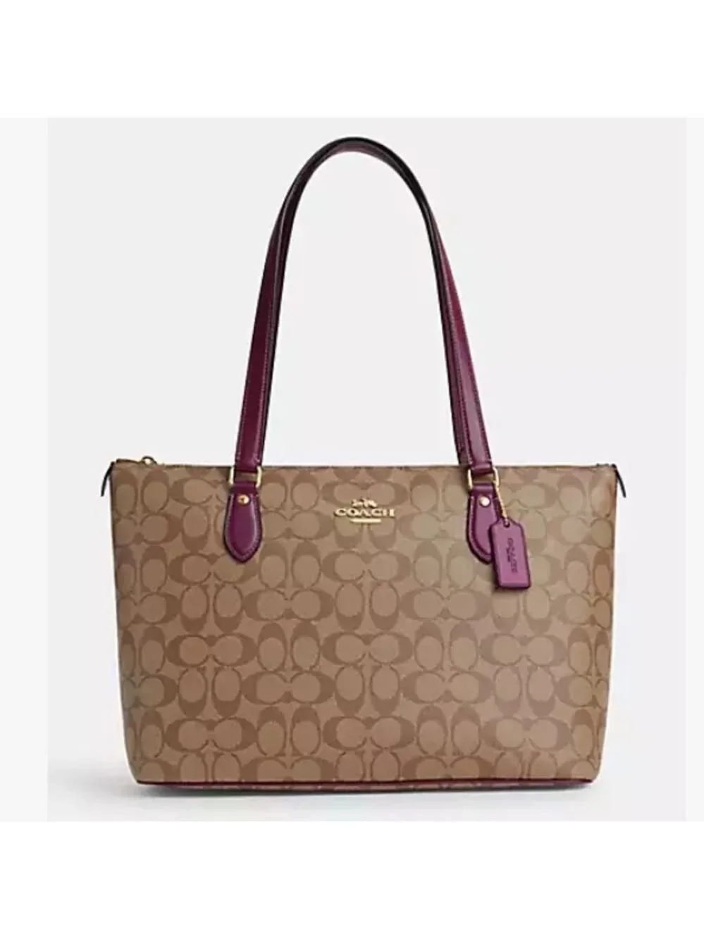 Coach Tote Handbag Signature C Khaki Deep Berry NWT
